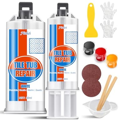 Kit de Réparation Carrelage, Receveur de Douche Résine & Baignoire/Évier 100ml – Repare Fissures, Rayures, Trous – Adapté pour Résine, Céramique/Porcelaine, Acrylique – Blanc + Couleur Assortie