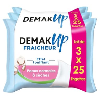 Demak'Up Fraîcheur Lingettes à démaquiller - Visage et Yeux - Peaux Normales à Sèches - 3x25 Lingettes démaquillantes