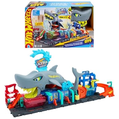 Hot Wheels Let’s Race Netflix - City Station de Lavage Requin Coffret Piste de Course avec Voiture Color Reveal à l’échelle 1/64, Fonction de Changement de Couleur et Rangement, HTN82