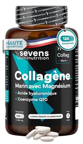 Collagène Marin Hydrolysé avec Magnésium Acide Hyaluronique Coenzyme Q10 – 120 Gélules – Peau Os Articulations – Vitamines A C D3 B12 Zinc – Haute Absorption – Sevens