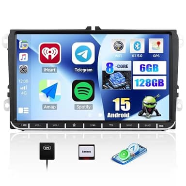 CAMECHO [6+128G 8-Core] Android 15 Autoradio pour VW Golf 5 6 Polo 5 T5 Skoda Passat B6 B7 Seat, DSP Carplay sans Fil, 9" Bluetooth 2 Din Radio Auto GPS WiFi FM/RDS Mirror Link 2USB+Canbus+SWC