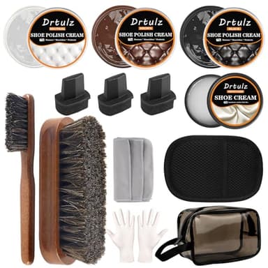 drtulz Kit de cirage de chaussures 15 pièces, kit d'entretien de chaussures en cuir, noir, marron, huile neutre, soin doux, kit de cirage de chaussures pour homme et femme