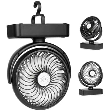 Ventilateur de camping portable avec lanterne LED - 40 heures d'autonomie Ventilateur rechargeable à piles avec crochet de suspension pour tente, voiture, camping-car, ouragan, équipement de survie