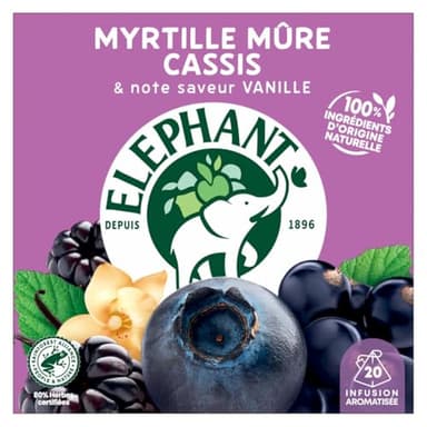 Elephant, Infusion Aromatisée, Goût Myrtille Mure Cassis & Vanille, Certifié Rainforest Alliance, Ingrédients d'Origine 100% Naturelle, 20 Sachets Pyramid