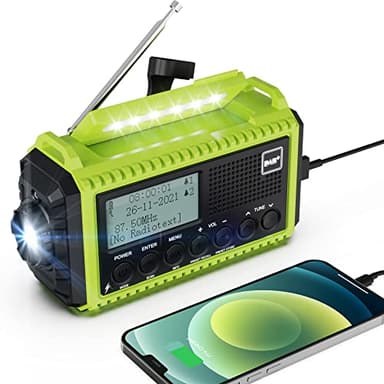 Radio Réveil Portable DAB+/DAB/FM, Solaire et Manivelle, 5000mAh Batterie Rechargeable&USB, Lumineux & Lampe Poche et Lampe de Lecture, Kit Survie SOS, Imperméable pour Randonnée, Camping et Extérieur