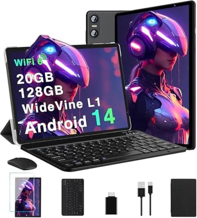 Biegedy Tablette 10 Pouces Android 14 Tablettes 20Go RAM + 128Go ROM(TF Extensible 2To), Octa-Core, GMS Tablette Tactile, Widevine L1, WiFi 6, 5G+2.4G Wi-FI, Tablettes avec Clavier+Souris et Cas-Noir