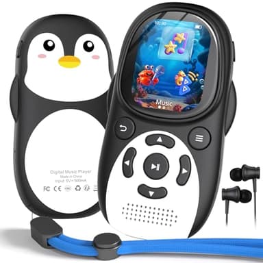 64Go Lecteur MP3 Enfant, Bluetooth 5.3, Design Pingouin avec Écran IPS 2’’ & Interface sous-Marine, Haut-Parleur, Radio FM, Extension 128Go, 750mAh, Cordon Réglable, Cadeau pour Enfants
