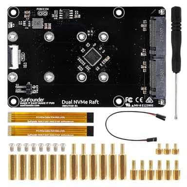 SUNFOUNDER Dual NVMe Raft pour Raspberry Pi 5 PCIe Gen 2.0 vers M.2 HAT Key-M SSD Hailo-8L AI Accelerator PIP M.2 2230/2242/2260/2280 NAS RAID 0/1, indicateurs LED, manuel