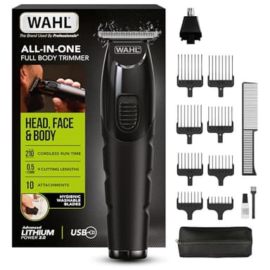 WAHL All in One Trimmer, cheveux, barbe, oreilles, nez et corps, batterie lithium puissante, têtes lavables et large tête en T, longueur de coupe de 0,5 mm à 25 mm, 210 minutes d'autonomie