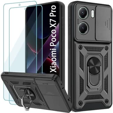 Yohii Coque pour Xiaomi Poco X7 Pro 5G avec 2 Pièces Verre Trempé, Lentille Coulissante Couverture, Support 360° Rotatif Militaire PC Armor Etui, Noir