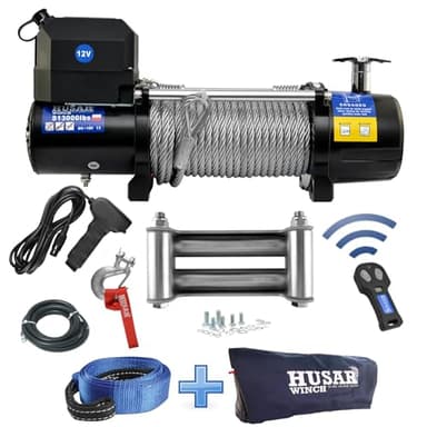 Husar Winch Treuil électrique 13000 lbs | 5897 kg 12V avec Corde en Acier 20m x 10mm,Commande sans fil,Transmission Planétaire à 3 étages,Idéal Pour le Dépanneuse,Véhicules Tout-Terrain,Véhicules 4x4