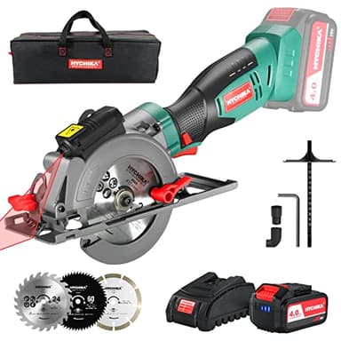 HYCHIKA Scie Circulaire Sans Fil 18V, 4.0Ah Li-ion Batterie 3500RPM Petite Scie Circulaire, 3 Lames(115 et 125mm), Guide Laser, Max Profondeur de Coupe 48mm(90°), 32mm(45°) pour Couper du Bois Métal