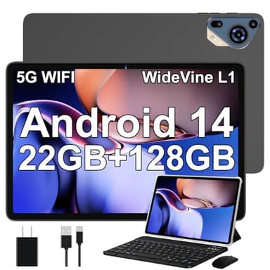 Tablette Android 14 avec 22 GO + 128 GO (Extensible jusqu'à 1 to), 5G WiFi, Tablette Tactile 10 Pouces avec GPS, Widevine L1, 8 Cœurs 2,0 GHz, 8000mAh, Tablette avec Clavier + Souris et Cas, Gris