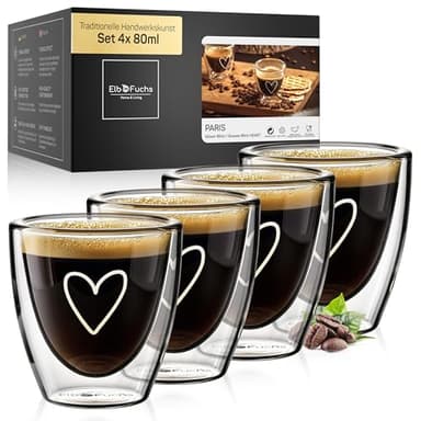 ElbFuchs® Tasse Double Paroi Espresso [4x 80ml] - Idée Cadeau Avec Coeur | Verre Transparent | Tasse à Café Original