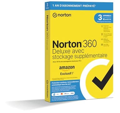 Norton 360 Deluxe + 25 Go de sauvegarde cloud supplémentaire |3 Appareils | 1 An d'Abonnement en renouvellement automatique | Exclusivité Amazon*