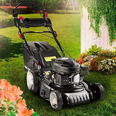 BRAST Tondeuse Thermique tractée Speed 46cm, 3,5kW (4,7cv) 170cc Mulching Vitesse d'entraînement Triple réglable, Moteur 4 Temps, 60l Capot en tôle en Acier, 4en1 Tondeuse Thermique.
