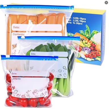 Lot de 50 sacs de congélation réutilisables 3 tailles (1 l, 2,25 l, 4,55 l) pour la cuisson par lots, fruits, légumes, viande, collations, sacs à sandwich sans BPA avec fermeture éclair et fond
