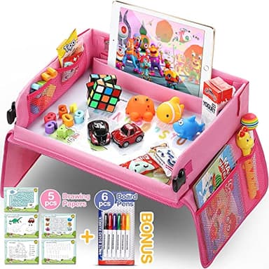 lenbest Plateau de Voyage Enfants, Jouet Créatif D'apprentissage Intérieur pour Accueil École, Planche à Dessin avec 1 Film Transparent de Peinture + 5 Papier à Dessin + 6 Crayons de Couleur (rose)