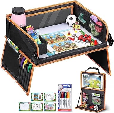 lenbest Double Fonction Plateau de Voyage, Plateau Voiture(Organisateur de Voiture) pour Enfant avec Film de Dessin Transparent, 5 Papier à Dessin et 6 Stylos - Noir/Orange