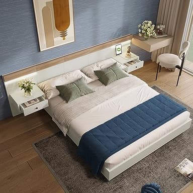 OKMYHOME Lit Double 160x200 cm - Lit en Bois avec 2 Tables de Chevet et USB - Bois Massif - sans Matelas - Naturel