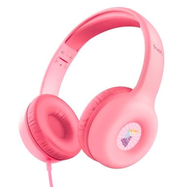 Trust Nouna Casque Filaire Audio pour Enfant 4-10 Ans avec Limite de Volume (85dB), Ecouteurs Filaire Pliable avec Micro et Autocollants, Connexion 3.5mm, Casque pour Switch, Tablette, Musique, Rose