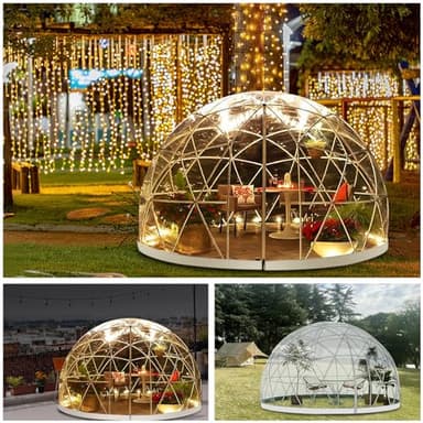 Serre de Jardin Igloo dôme avec chaîne Lumineuse 2.9M*1.8M Tente dôme géodésique 2 à 4 Broches Rideau à Bulles de Jardin amélioré avec fenêtre Rideau dôme Transparent pour arrière-Cour Noël fête