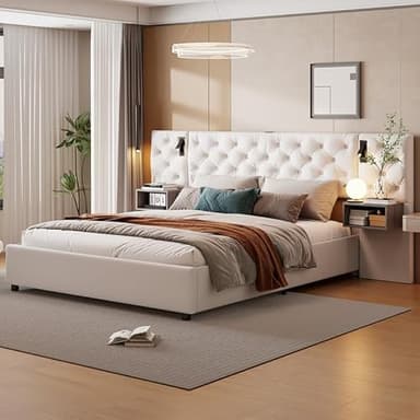 QMTXBYJ lit Coffre 160x200 avec Éclairage LED et USB,lit Hydraulique avec Tete de Lit, 2 Tables de Chevet et Rangement Caché, Lits 2 Personnes avec Sommier à Lattes,Bois en Velours,sans Matelas