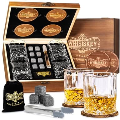 Whisiskey Set de Verre a Whisky - Coffret Whiskey Cadeau Homme - Verre à Whiskey & Rhum - 4 Verres à Whiskey, 8 Pierre a Whiskey, 4 sous-Verres, Whiskey Accessories