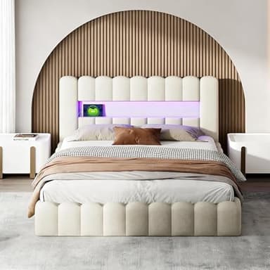 BRILVERDE Lit Coffre 160x200 cm, tête de lit avec éclairage LED, Chargement USB et Rangement, lit Double avec Rangement, sommier à Lattes, Linge, Matelas Non Inclus (Beige, 160x200)