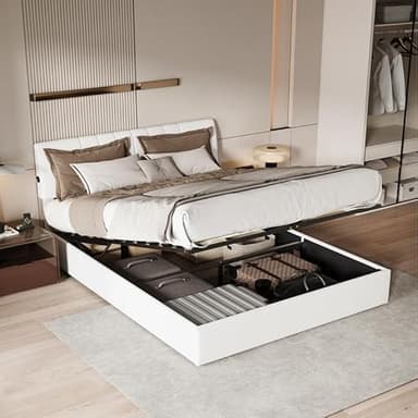 QMTXBYJ Lit Coffre 140x190 avec Sommier à Lattes et 2 USB,Lits Double Rembourré 140x190 avec Tête de Lit réglable en Hauteur et Rangement Caché, Lits 2 Personnes Cadre de lit en Bois,sans Matelas