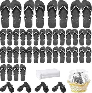 MALLOOM Lot de 24 Paires de Tongs Noires – Pour Mariage, Invités, Spa, Hôtel, Fête et Voyage – Avec Étiquettes de Taille et Sacs à Cordon
