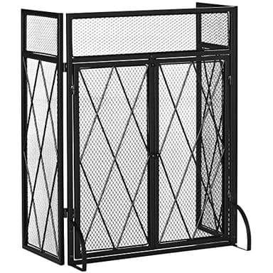 HOMCOM Grille de Protection pour cheminée 120 x 79 cm - Pare-feu pour cheminée ou poêle - Pare-étincelles - barrière de sécurité - 3 Volets Pliables et Porte - métal Noir
