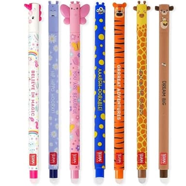 LEGAMI - Lot de 7 stylos gel effaçables, encre thermosensible, gamme de couleurs et motifs, pointe 0,7 mm, licorne, hippopotame, papillon, corgi, tigre, girafe, ours