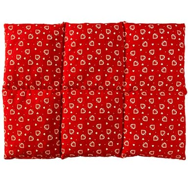 Coussin aux graines de lin 40x30 - Compresse chaud ou froid - Grande bouillotte sèche - Coussin thermique (6 compartiments; Design: Rouge avec des coeurs)