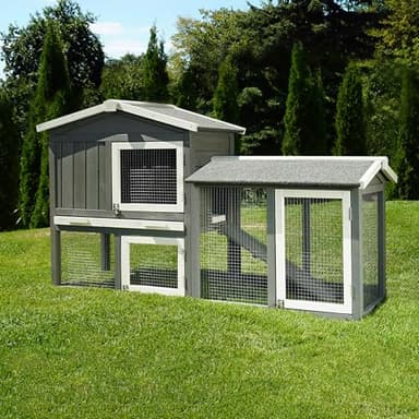 Miweba MyAnimal Clapier MH-03 | Extra Large avec 66 cm - Maison à Deux étages - Cage pour Lapin - Bois de pin - Polyvalent - Résistant à l'hiver - 2 Niveaux (Gris/Blanc)