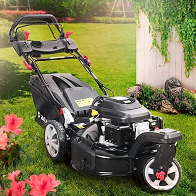 BRAST tondeuse thermique tractée 3 roues TRIKE 224cc 7cv 53cm mulching 4en1 traction arrière de la marque française GT - 4 MODÈLES diff. - capot en tôle en acier, hauteur de coupe et guidon reglable