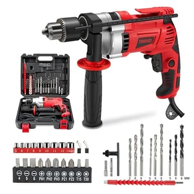 TEENO Perceuse à Percussion électrique 910W, Perceuse à Percussion Filaire 0-3000 RPM avec bouton de vitesse variable,38 accessoires, Mandrin 13mm,Brique,Bois,Acier