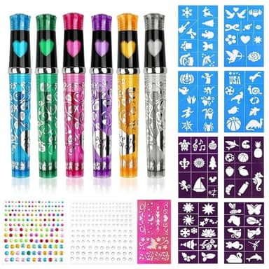 Sularpek Kit Stylo Tatouage Temporaire Brillant, 6 Stylos à Paillettes, 9 Pochoirs Réutilisables, 86 Motifs, 4 Autocollants Visage Gemmes, pour Cadeau, Fêtes, Événements, Festivals