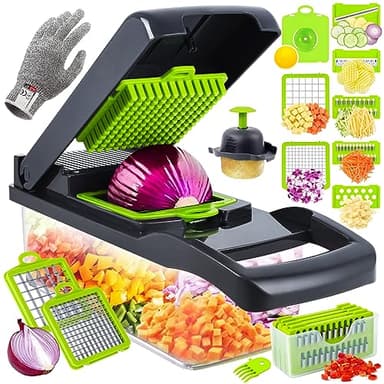 Coupe Legumes Multifonctions 16 en 1, Professionnelle Mandoline Cuisine, Coupe Legume Manuel à 8 Lames Remplaçables, Decoupe Legumes pour Oignon, Ail, Tomate, Rape, Pomme de Terre, Carote
