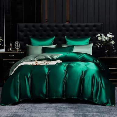 Gezu Parure de Lit Satin 200x200cm Vert Foncé Vert Parure de Lit 200x200 Adulte Lisse Soyeux Brillant Doux Housse de Couette 2 Personnes Linge de Lit avec 2 Taies d'oreiller 65x65 et Fermeture Éclair