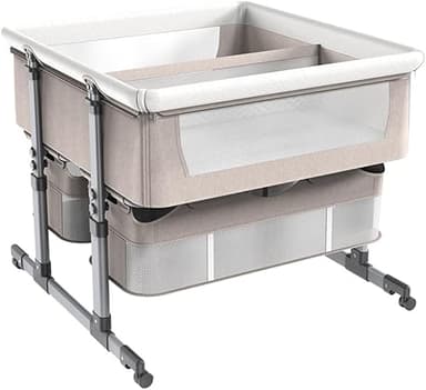 ZGHQHCDRH Lit de bébé Jumeaux, Berceau avec Panier Rangement, lit à bassinette Portable, Chevet Anti-émèse réglable en Hauteur 6 hauteurs(Khaki)
