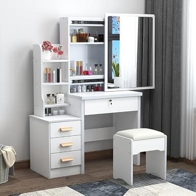 Aislerbee Grande Coiffeuse avec Miroir et Tabouret Éclairage LED Réglable 4 tiroirs & Miroir éclairé Table de Toilette avec Miroir et Tabouret, Bureau de Maquillage pour Chambre à Coucher