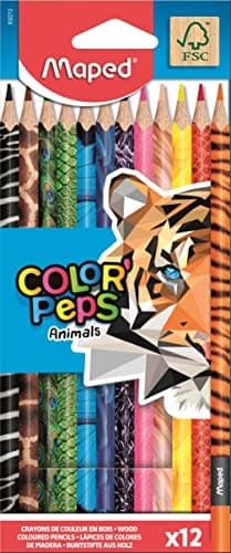 Maped - Crayons de Couleur Color'Peps Animals FSC - Crayon de Coloriage Triangulaire Ergonomique - Crayons Décorés Animaux - Pochette de 12 Crayons en Bois Certifiés FSC, 12, 1 Unité (Lot de 12)