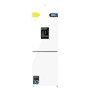 Cecotec Réfrigérateur combiné Bolero CoolMarket Combi 250 WD White Glass D. Inverter Plus, No Frost, Multi Airflow. Distributeur d'eau, porte réversible, LED, tiroir à humidité, casier à bouteilles.