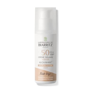 Laboratoires de Biarritz - Crème Solaire Visage Teintée Beige - SPF50 - ALGA MARIS® Certifiée Bio - Unifie le Teint et Prévient l'Apparition de Taches - 50 ml - Fabriquée en France