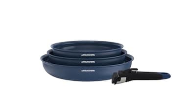 Arthur Martin - Set de 3 Poêles en Aluminium 2,5 mm, Revêtement Céramique et Poignée Effet Bois, Compatibles Tous Feux Dont Induction, 20-24-28 cm, Bleu