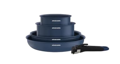 Arthur Martin - Batterie de Cuisine 5 Pièces en Aluminium 2,5 mm avec Revêtement Céramique, Poêles 22-26 cm et Casseroles 16-18 cm, Poignée Effet Bois, Tous Feux, Bleu