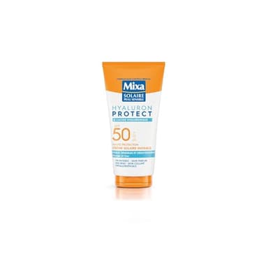 Mixa Solaire Peau Sensible - Crème Solaire Invisible à l'Acide Hyaluronique - Haute Protection SFP50 UVA, UVA longs, UVB - Peaux Sensibles et Déshydratées - Visage et Cou - Hypoallergénique - 50 ml
