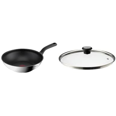 Tefal Poêle wok 28 cm, 6 à 8 personnes, Induction, Revêtement antiadhésif, Acier inoxydable, Indicateur de température Thermo-Spot, Comfort Max G7261944 & 280977 Couvercle en Verre 28 cm avec Anneau
