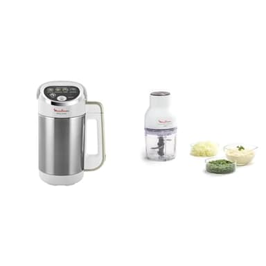 Moulinex Blender chauffant, 1000 W, Capacité 1.2 L, 5 programmes automatiques & Hachoir électrique, Fonctions 3-en, Emince, Hache, Mixe, 300 W, 4 lames, 400 ml, Système de pression simple